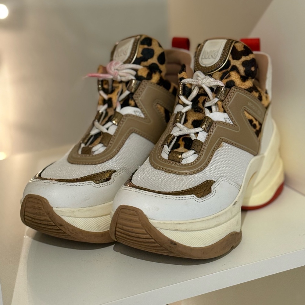Michael Kors Leopard Print White Red Gold Olympia Trainer Size 6M - Picture 3 of 12